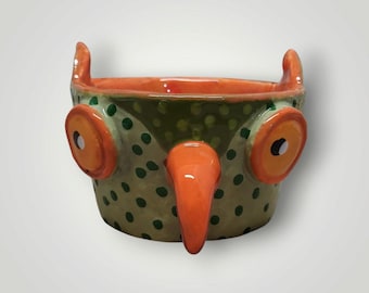 Halloween or Autumn Ceramic Green Owl Candy Cup Container Sculpture Handmade Sharon Bloom Designs