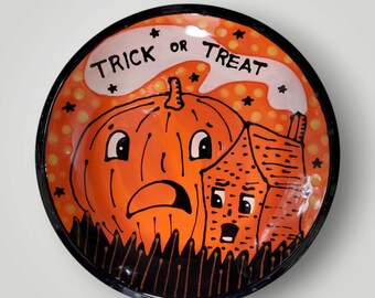 Halloween Ceramic Hand Painted Pumpkin Haunted House Trick or Treat Angle Edge Dinner Plate