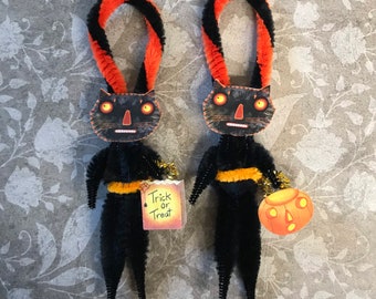 Halloween Chenille Ornament Set Black Scaredy Cats Handmade by Sharon Bloom Designs
