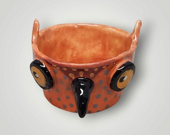 Halloween or Autumn Ceramic Orange Owl Candy Cup Container Sculpture Handmade Sharon Bloom Designs