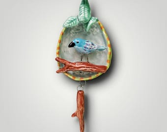 Ceramic Wall Sculpture Bird Twig Vignette House Jewelry By Sharon Bloom Designs