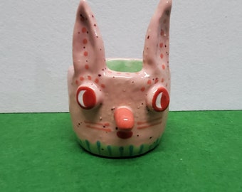 Ceramic Speckled Pink Bunny Candy Cup Container Sculpture Spring Easter Handmade Sharon Bloom Designs