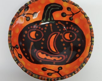 Halloween Ceramic Folk Art Pumpkin Jack-O-Lantern  Little Dapple Edge Bowl Hand Painted by Sharon Bloom Designs