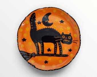 Halloween Spooky Vintage Black Cat Broom Ceramic Little Hand Painted Plate