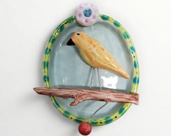 Ceramic Wall Sculpture Bird Berries Twig Vignette House Jewelry By Sharon Bloom Designs