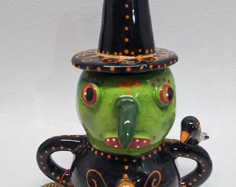 Halloween Ceramic Green Standing Witch Crow Rattle Noisemaker Sculpture Handmade by Sharon Bloom Designs