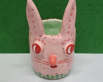 Ceramic Speckled Pink Bunny Candy Cup Container Sculpture Spring Easter Handmade Sharon Bloom Designs