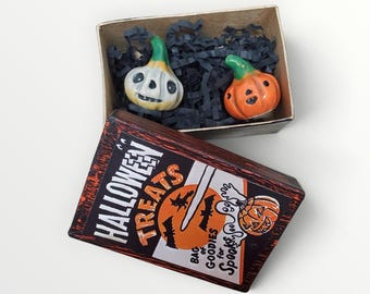 Halloween Mini Pumpkins Ceramic Sculptures Set of Two with Retro Box by Sharon Bloom Designs