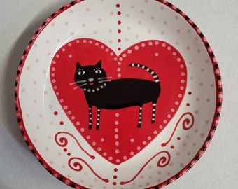 Ceramic Black Cat Heart Folk Art Medium Dish by Sharon Bloom Designs