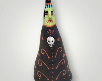 Halloween Ceramic Folk Art Witch Skull Spooky OOAK Original Sculpture by Sharon Bloom Designs