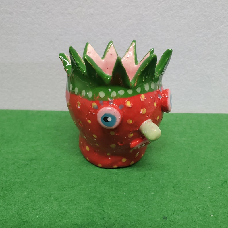 Ceramic Speckled Strawberry Fruit Friend Candy Cup Container Sculpture Handmade Sharon Bloom Designs image 2