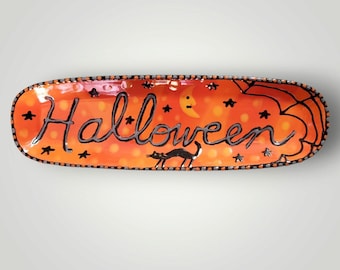 Halloween Ceramic Script Cursive  Skinny Tray Hand Painted by Sharon Bloom Designs
