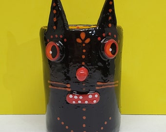 Ceramic Halloween Anthropomorphic Black Cat Pumpkin Sculpture Container Jar by Sharon Bloom Designs