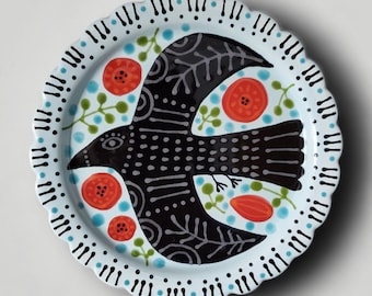 Black Bird Flowers Folk Art Hand Painted Scallop Edge Ceramic Small Plate
