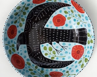 Hand-Painted Ceramic Bowl: Folk Art Blackbird & Red Flowers, 9.25"