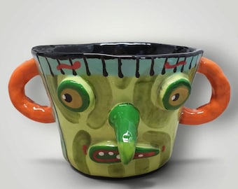 Halloween Ceramic Green Witch Container With Handles Handmade