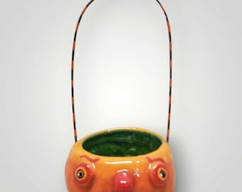 Halloween Anthropomorphic Orange Pumpkin Pail Ceramic Pail with Wire Handle Handmade by Sharon Bloom Designs