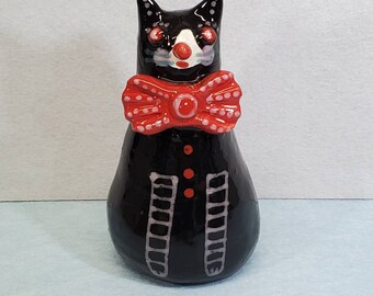 Ceramic Black Cat Bow Tie Folk Art Sculpture by Sharon Bloom Designs