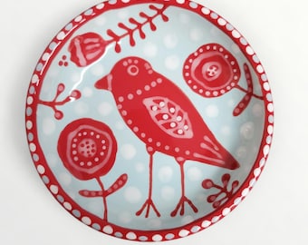 Ceramic Red Bird Flowers Mini Dish by Sharon Bloom Designs