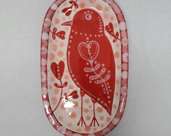 Ceramic Red Bird Hearts Folk Art Mini Tray Hand Painted by Sharon Bloom Designs