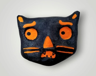 Halloween Paper Mache Black Cat Pin Handmade by Sharon Bloom Designs