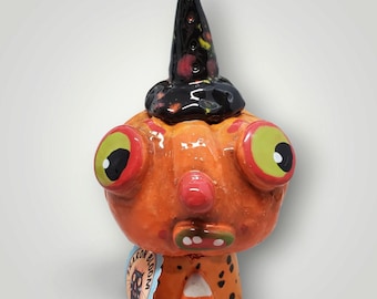 Halloween Handmade Ceramic Orange Pumpkin Jack-O-Lantern Witch Rattle Noisemaker Sculpture