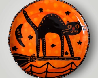 Halloween Spooky Black Cat Broom Moon Ceramic Little Hand Painted Plate