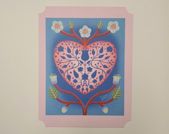 Heart and Flowers Greeted Die Cut Flat Card art by Sharon Bloom Designs