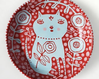 Ceramic Blue Cat Flowers Folk Art Medium Dish by Sharon Bloom Designs