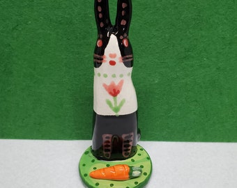 Ceramic Dutch Bunny Black and White with Carrot Sculpture Handmade by Sharon Bloom Designs