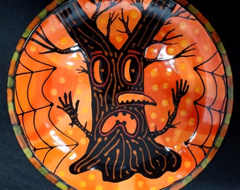 Halloween Ceramic Spooky Tree Angle Edge Dinner Plate Hand Painted from Sharon Bloom Designs