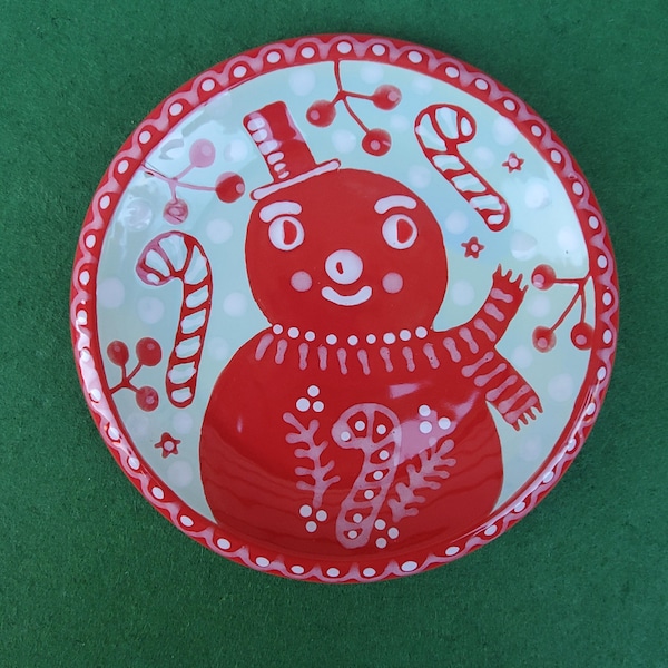 Christmas Hand Painted Ceramic Snowman Small Angled Plate