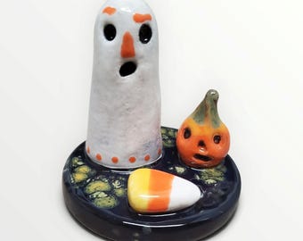 Halloween Ceramic Minature  Vignette Ghost Pumpkin Candy Corn Handmade