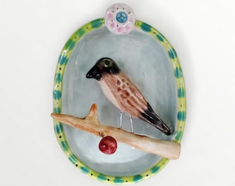 Ceramic Wall Sculpture Bird Berry Twig Vignette House Jewelry By Sharon Bloom Designs
