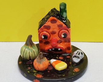 Halloween Ceramic Haunted House Sculpture with Embellishments Handmade by Sharon Bloom Designs