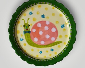 Whimsical Snail Folk Art Hand Painted Scallop Edge Ceramic Small Plate