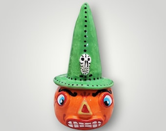 Vintage Style Halloween Pumpkin Rattle with Witch Hat Skull, Handmade Ceramic Noisemaker