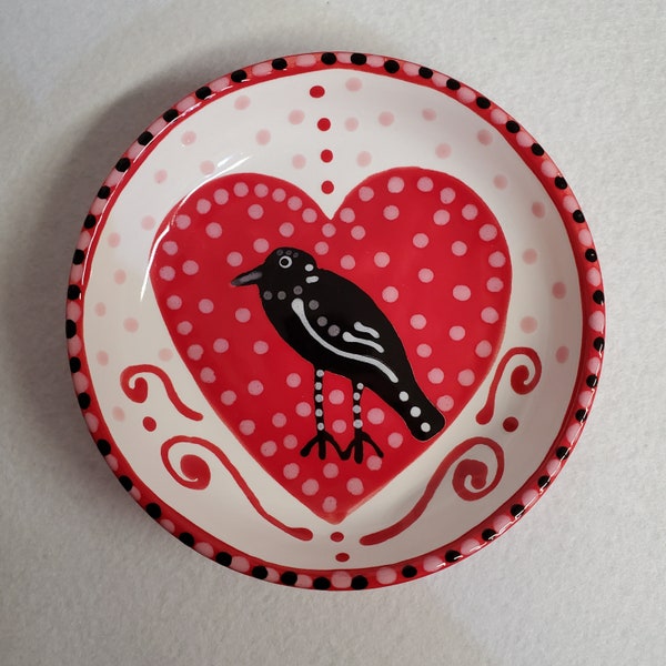 Ceramic Folk Art Red Heart Blackbird Crow  Mini Dish Hand Painted by Sharon Bloom Designs
