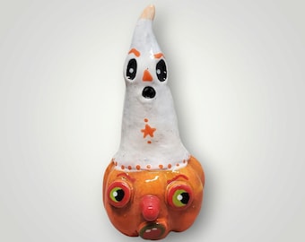 Halloween Anthropomorphic Ghost Pumpkin Jack-O-Lantern Rattle Noisemaker Sculpture