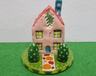 Ceramic Pink Cottage House Shrubs Handmade by Sharon Bloom Designs