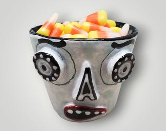 Halloween Ceramic Skull Candy Cup Container Sculpture Handmade Sharon Bloom Designs