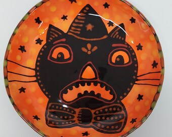 Halloween Scaredy Cat Face Retro Medium Ceramic Dish by Sharon Bloom Designs