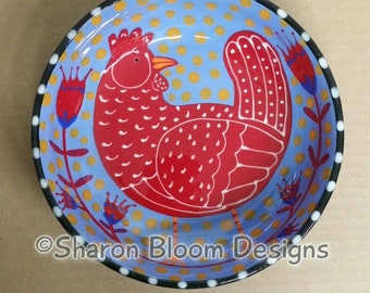 Red Chicken Hen Periwinkle Blue Ceramic Folk Art Bowl Hand Painted by Sharon Bloom Designs