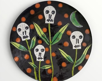 Halloween Ceramic Skull Flowers Round Tile by Sharon Bloom Designs