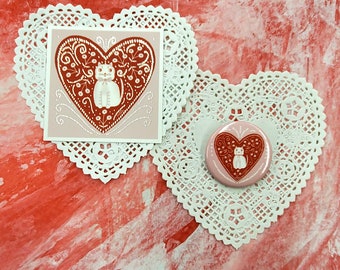 Valentine Silver Embossed Cat Mini Card and Button Pin SET OF TWO by Sharon Bloom Designs