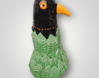 Handmade Ceramic Garden Blackbird Folk Art Sculptural Rattle