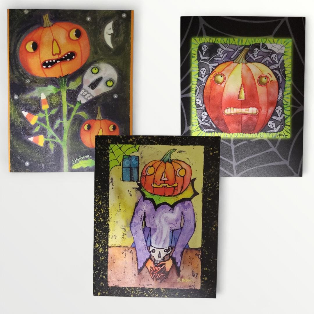 Halloween Note Card Set, Spooky Pumpkin Art Cards - Etsy