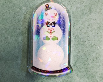 Christmas Holiday Snowman Snow Dome Holographic Fancy Domed Acrylic Pin by Sharon Bloom Designs