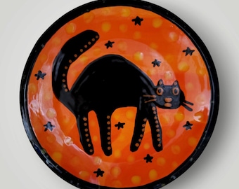 Halloween Black Cat Stars Vintage Style Ceramic Angled Edge Hand Painted Plate