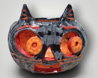 Halloween Hand Sculpted Ceramic Black Cat Lantern by Sharon Bloom Designs OOAK